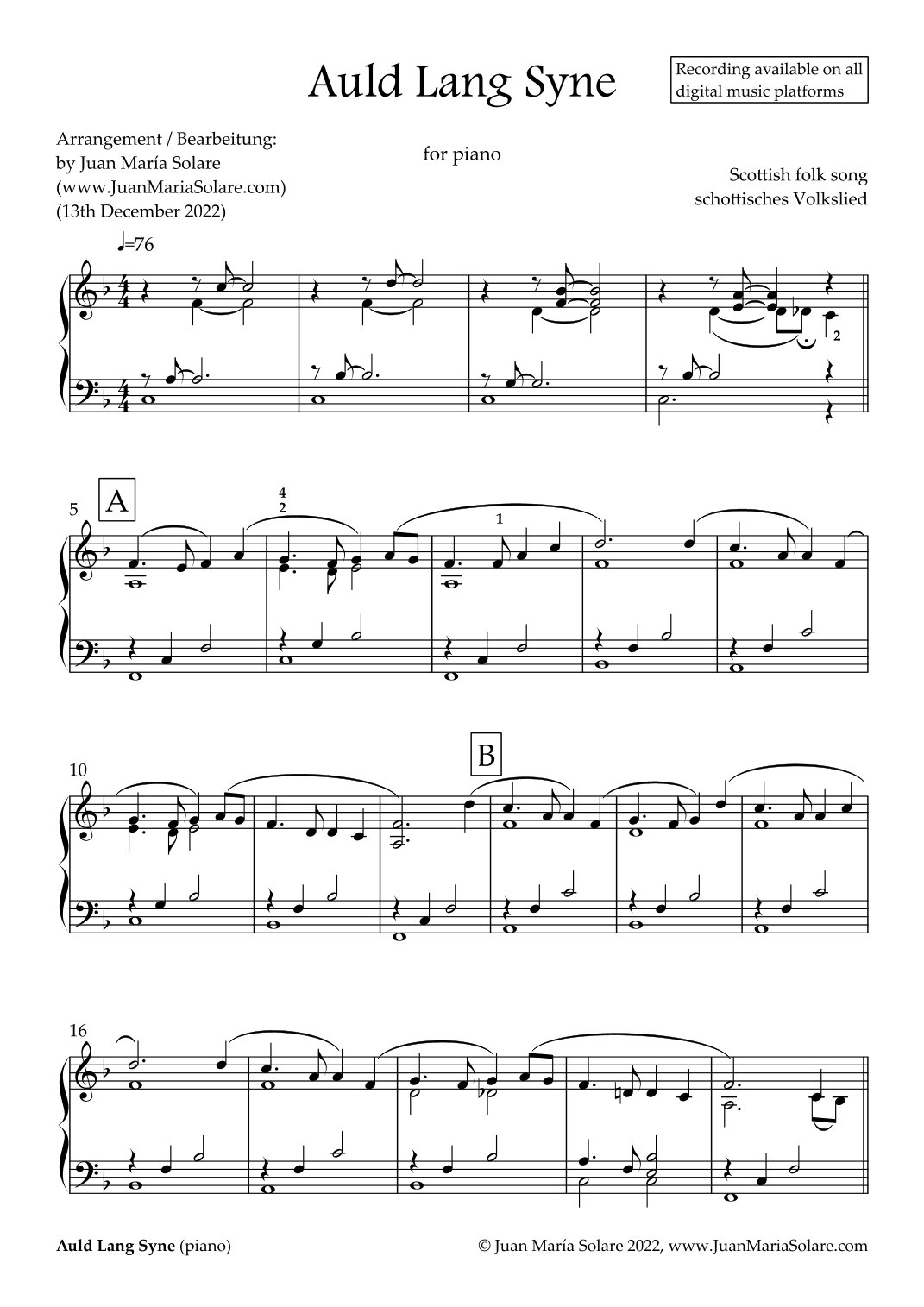 Auld Lang Syne [piano solo] (arr. Juan María Solare)