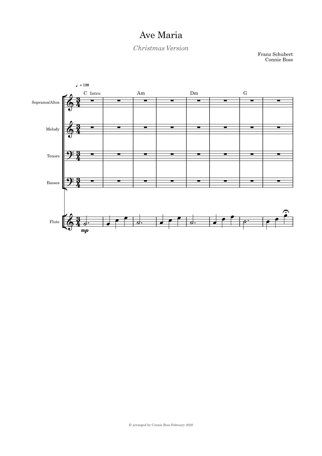 Ave Maria Christmas Verson Solo SATB  A Capella with optional flute or violin or cello (arr. Connie Boss)