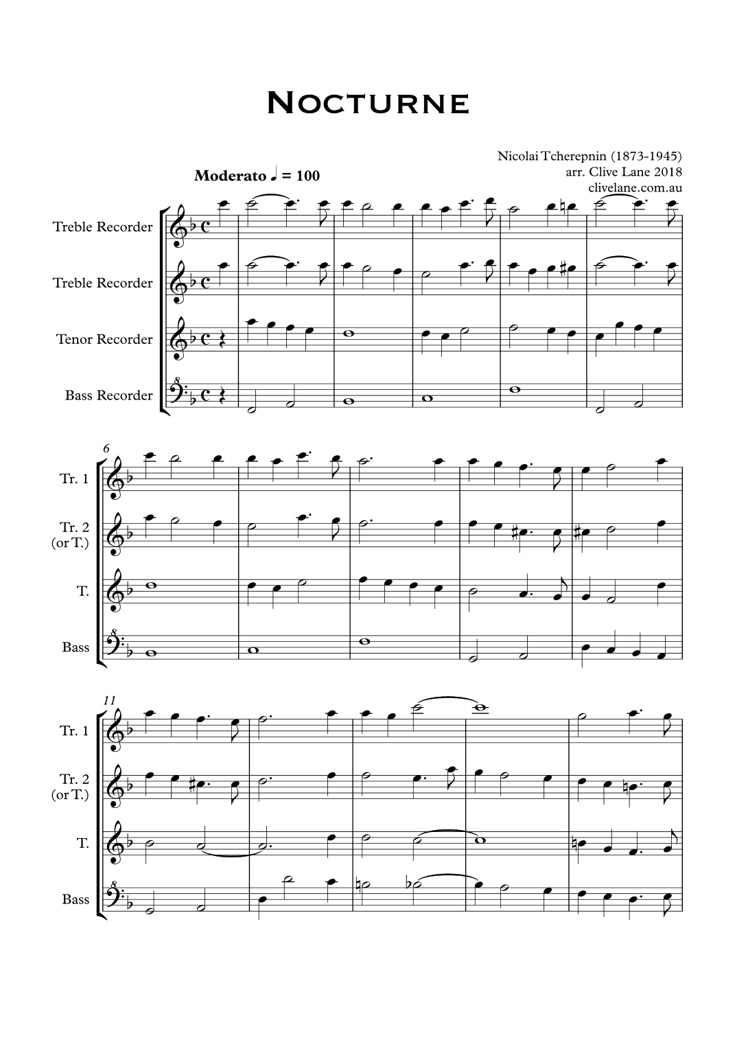 Nocturne in C for recorder quartet (arr. Clive Lane)