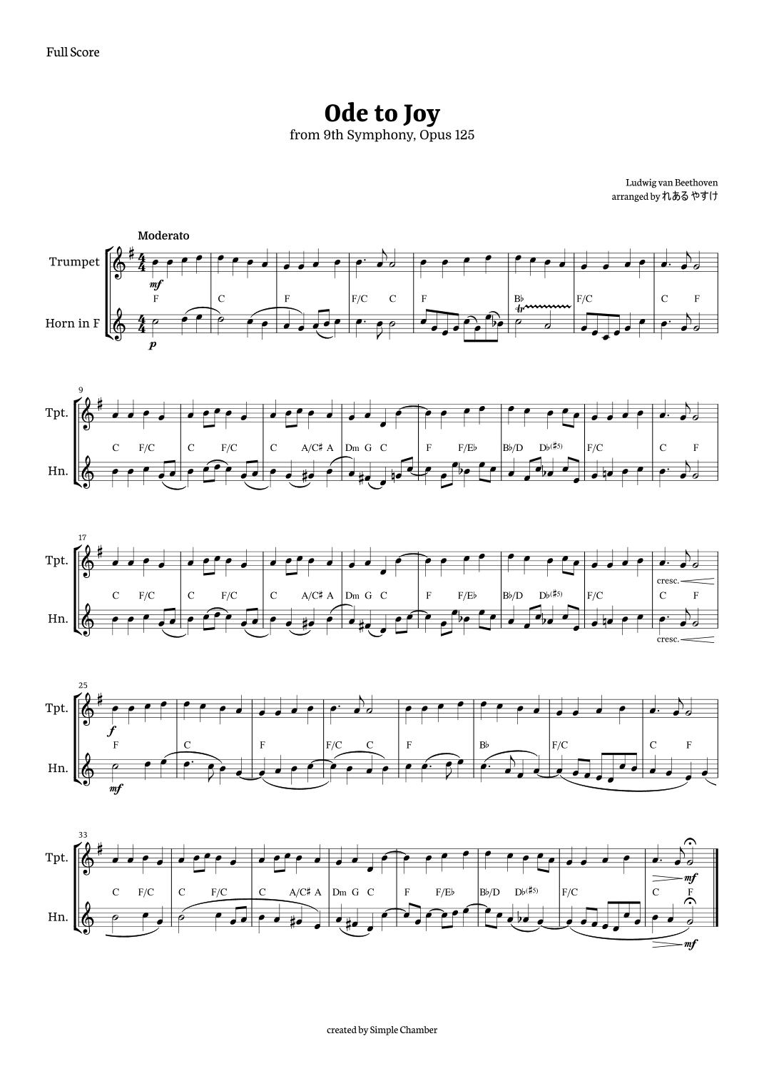 Ode to Joy for Trumpet and Horn by Beethoven Opus 125 (arr. れある やすけ)