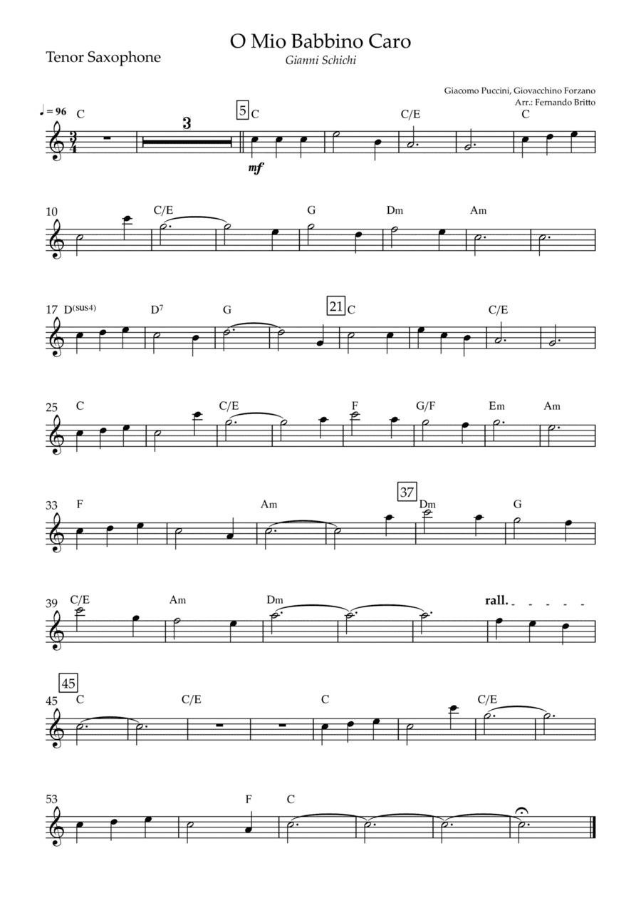 O Mio Babbino Caro (Puccini) for Tenor Saxophone Solo with Chords (arr. Fernando Britto)
