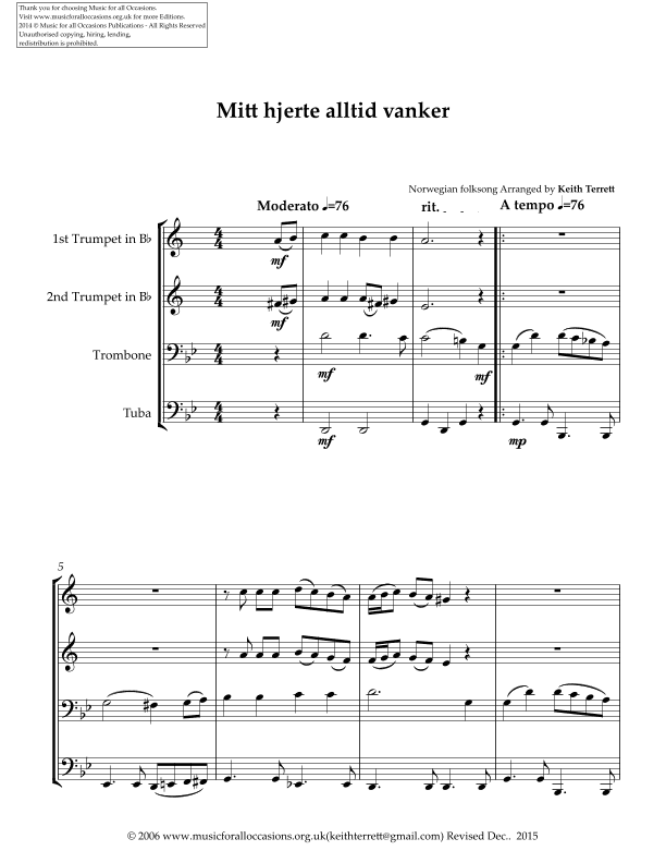 Mitt hjerte alltid vanker for Brass/Messing Quartet (arr. Keith Terrett)