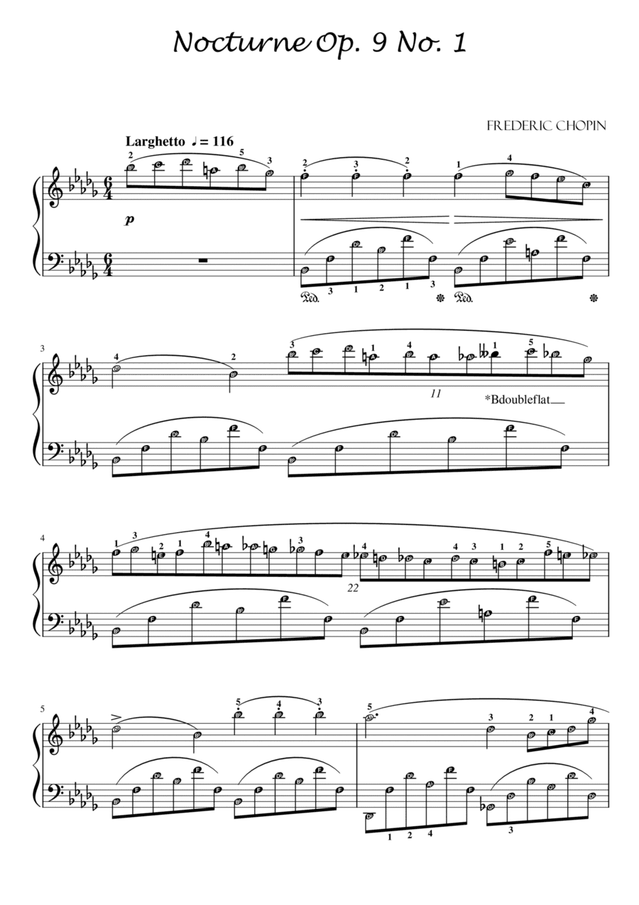 Nocturne Op. 9 No. 1 (Chopin) with note names and finger number guide (arr. Published Harmony Valarie)