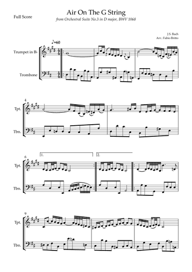 Air On The G String (J.S. Bach) for Trumpet in Bb & Trombone Duo (arr. Fabio Britto)