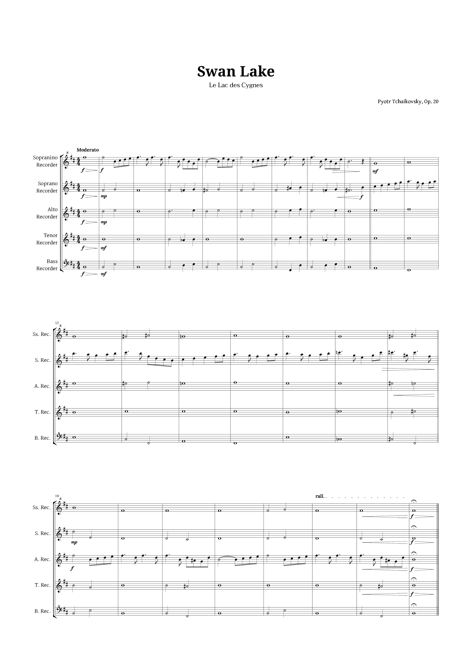 Swan Lake by Tchaikovsky for Recorder Quintet (arr. Ander)