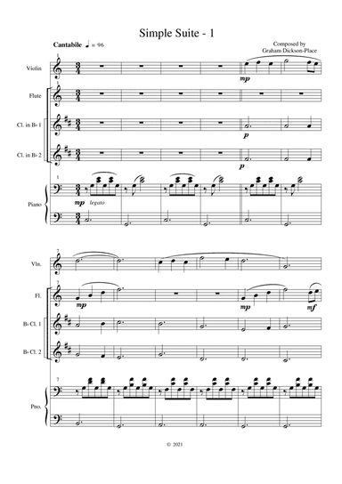 Simple Suite - For Violin, Flute, two Clarinets and Piano. Composed by Graham Dickson-Place