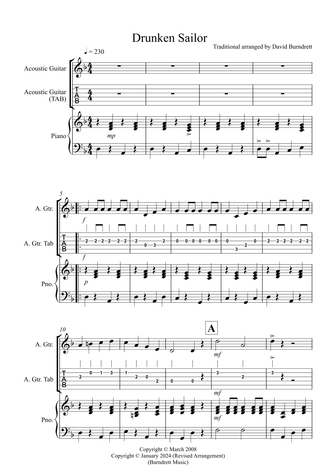 Drunken Sailor for Guitar and Piano (arr. David Burndrett)