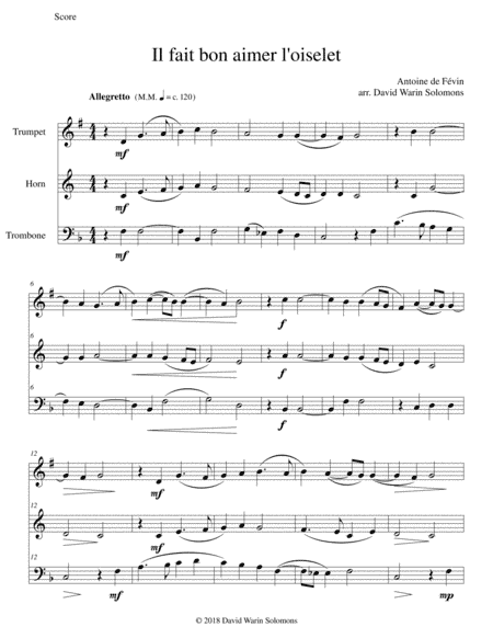 Il fait bon aimer l'oiselet for brass trio (arr. David Warin Solomons)