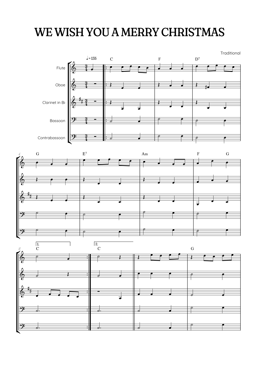 We Wish You a Merry Christmas for Woodwind Quintet • easy Christmas sheet music w/ chords (arr. Benzaiten Editions)