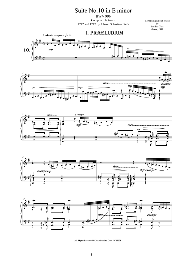 Bach - Piano Suite No.10 in E minor BWV 996 - Complete Piano version (arr. Santino Cara)