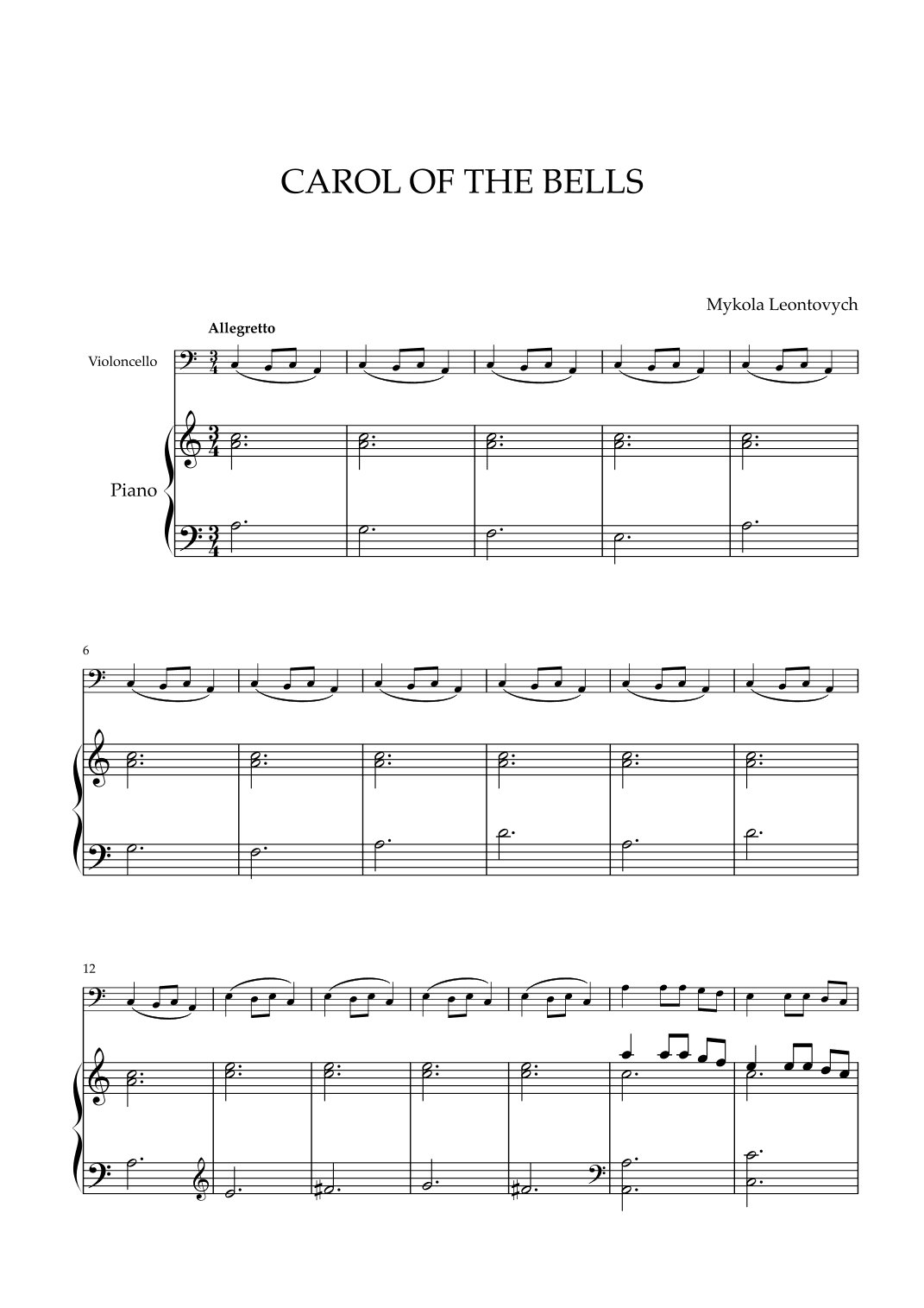 Mykola Leontovych - Carol of The Bells (for Cello and Piano) (arr. Cadenza Editions)
