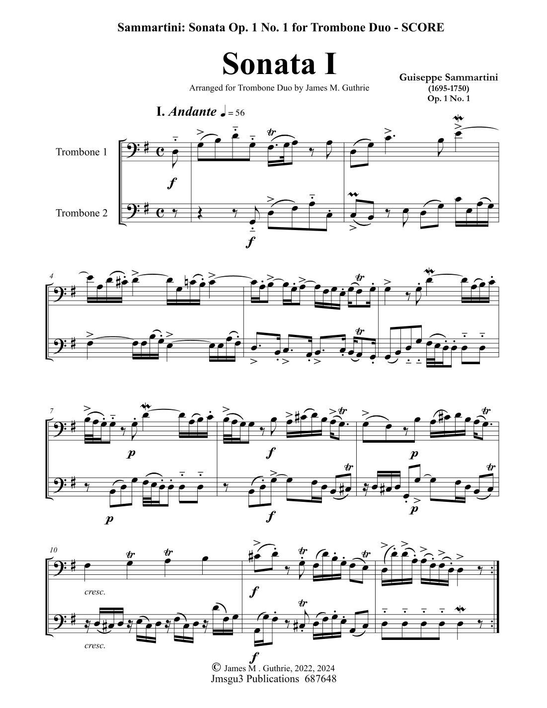 Sammartini: Sonata Op. 1 No. 1 for Trombone Duo (arr. James M. Guthrie)