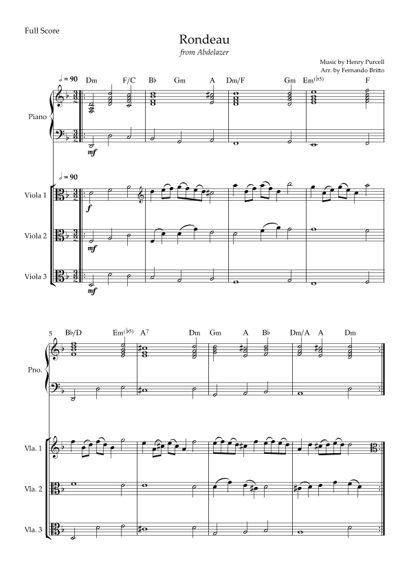 Rondeau (from Abdelazer) for Viola Trio and Piano Accompaniment with Chords (arr. Fernando Britto)
