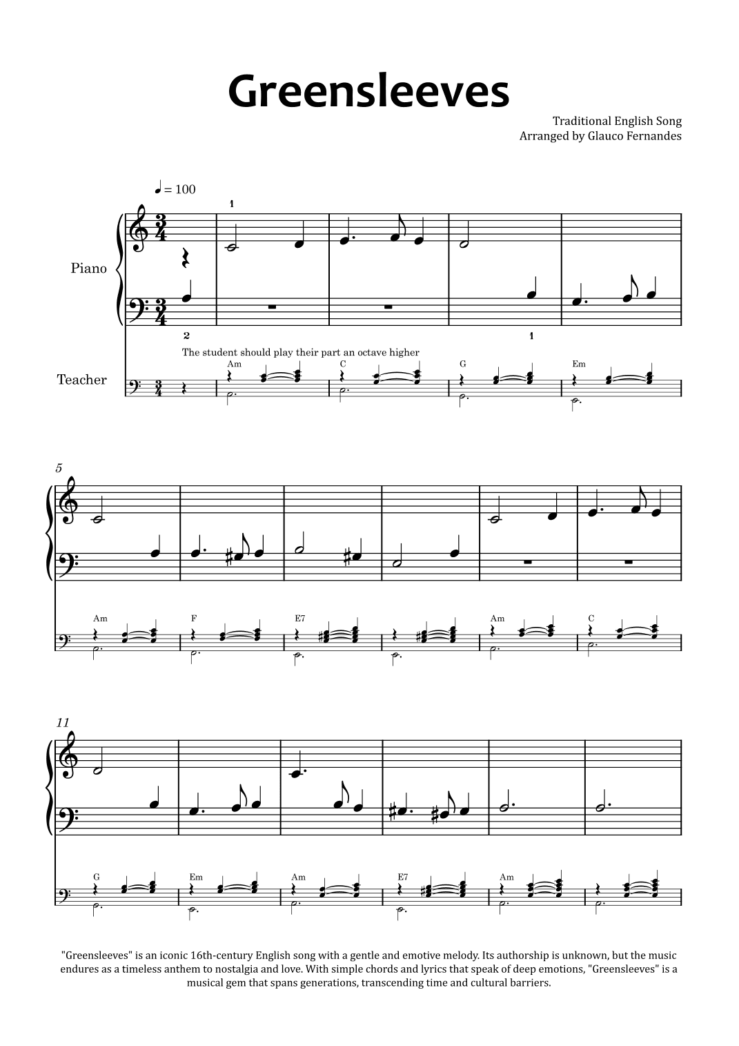 Greensleeves - Easy Piano (piano duet) with Chord Charts (arr. Glauco Fernandes)