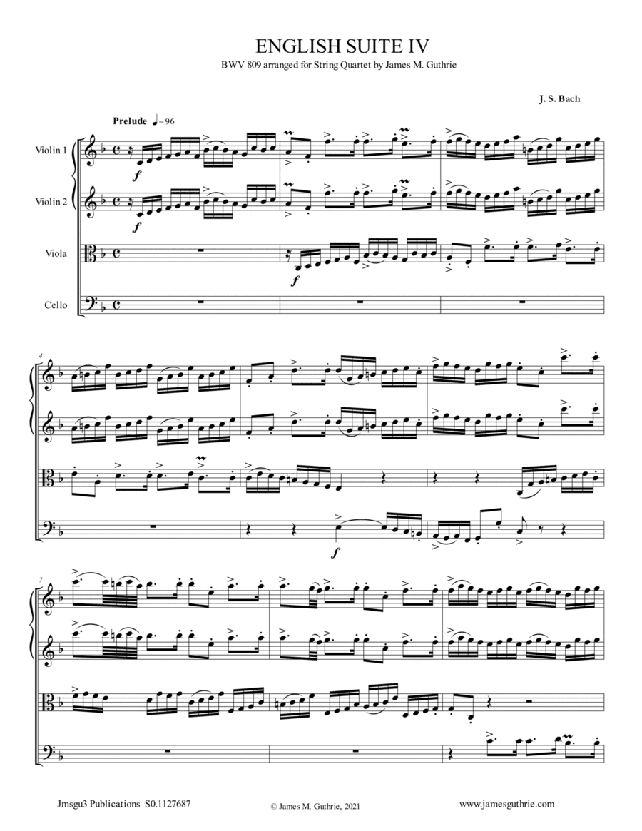BACH: English Suite No. 4 BWV 809 for String Quartet (arr. James M. Guthrie)