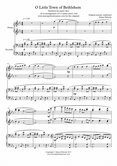 O Little Town of Bethlehem, fun Christmas Carol Variations for piano duet by Simon Peberdy (arr. Simon Peberdy)