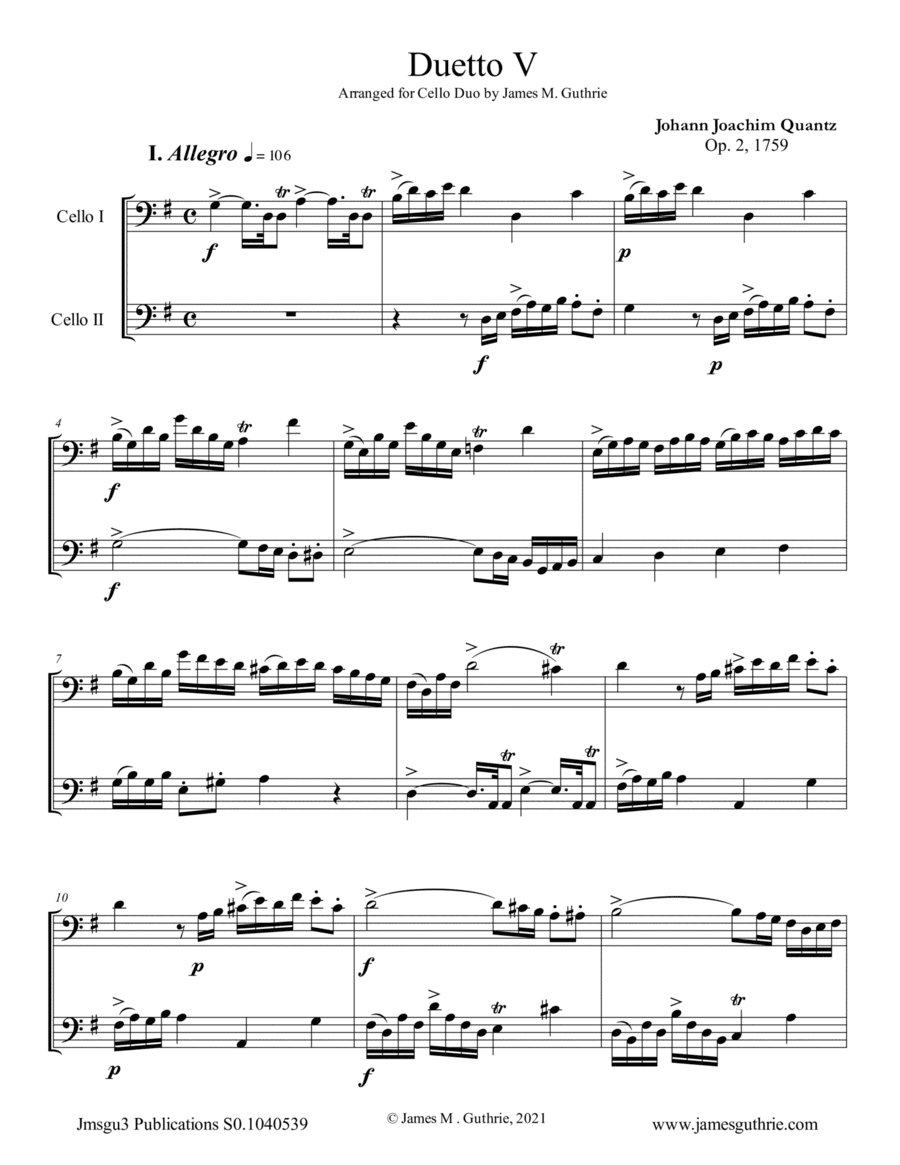 Quantz: Duetto Op. 2 No. 5 for Cello Duo (arr. James M. Guthrie)