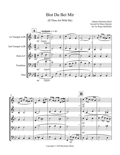 Bist Du Bei Mir (Brass Quintet - 2 Trp, 1 Hrn, 1 Trb, 1 Tuba) (arr. Regis Bookshar)