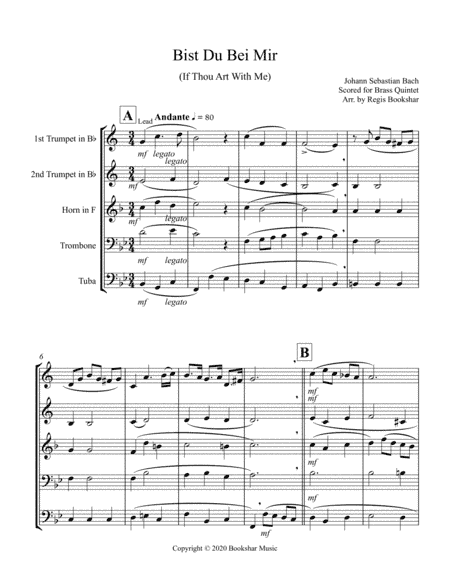 Bist Du Bei Mir (Brass Quintet - 2 Trp, 1 Hrn, 1 Trb, 1 Tuba) (arr. Regis Bookshar)