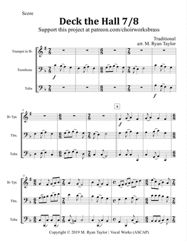 Deck the Halls 7/8 for Brass Trio (Trumpet, Trombone, Tuba) (arr. M. Ryan Taylor)