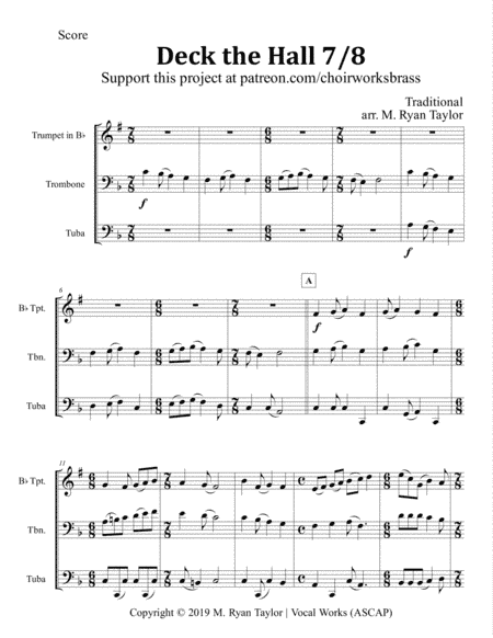 Deck the Halls 7/8 for Brass Trio (Trumpet, Trombone, Tuba) (arr. M. Ryan Taylor)