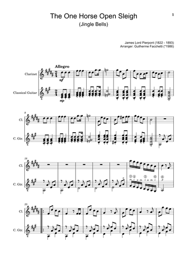 The One Horse Open Sleigh (Jingle Bells) - Arranged for Clarinet and Classical Guitar (With Parts) (arr. Guilherme Facchetti)