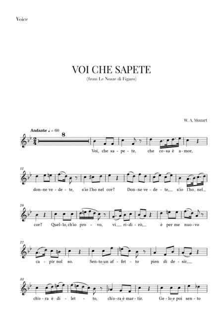 Mozart - Voi Che Sapete (Voice Part) (arr. Cadenza Editions)