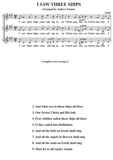 I Saw Three Ships A Cappella SSA (arr. Andrew Emmet)