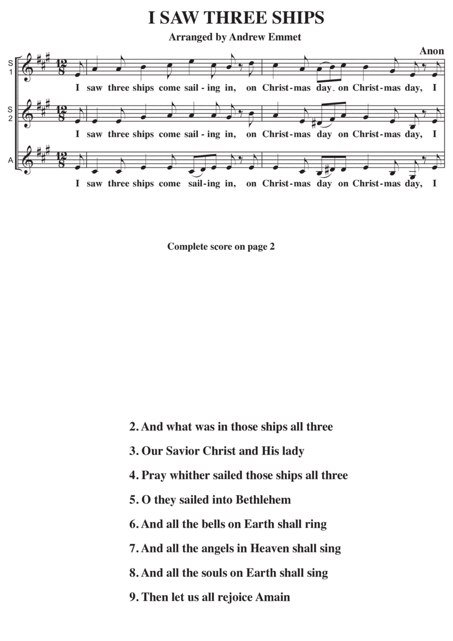 I Saw Three Ships A Cappella SSA (arr. Andrew Emmet)