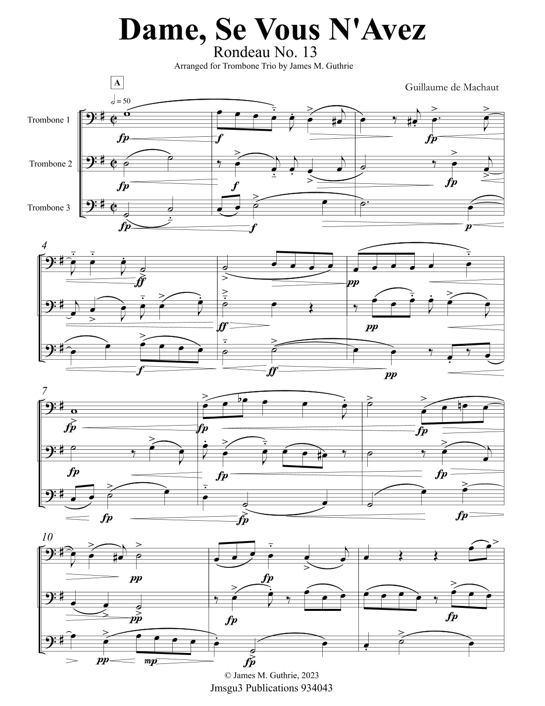 Machaut: Rondeau No. 13 - Dame, Se Vous N'Avez for Trombone Trio (arr. James M. Guthrie)