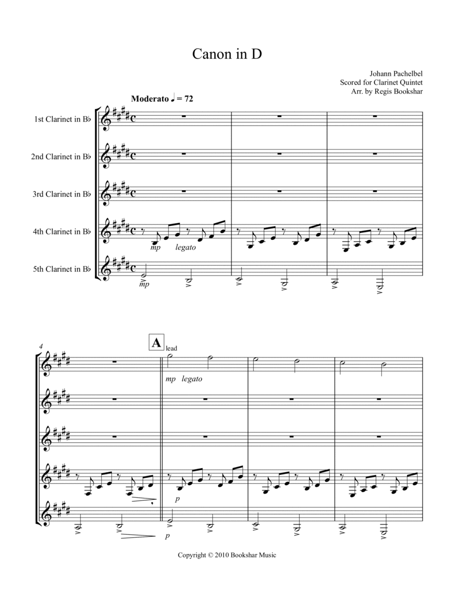 Canon in D (Pachelbel) (D) (Clarinet Quintet) (arr. Regis Bookshar)
