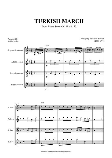 Turkish March - Recorder Quartet + CHORDS (arr. Valdir Maia)