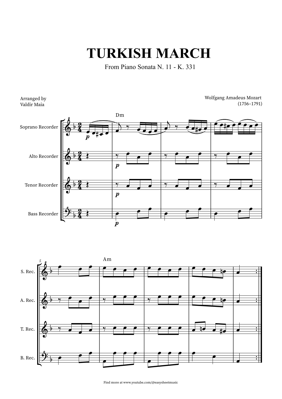 Turkish March - Recorder Quartet + CHORDS (arr. Valdir Maia)