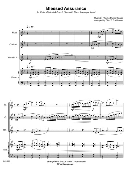 BLESSED ASSURANCE - FLUTE, CLARINET & HORN (or Alto Sax) with Piano Accompaniment (arr. Glen Poehlmann)