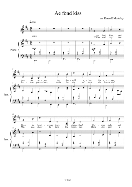 Ae fond kiss - Robert Burns song for voice and piano, with lyrics (arr. Karen E McAulay)