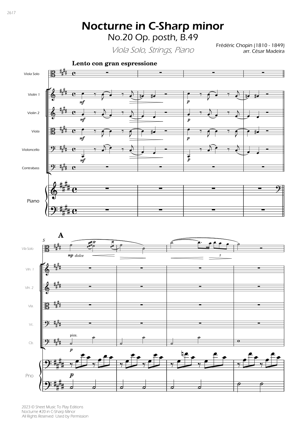 Nocturne No.20 in C Sharp minor - Viola Solo, Strings and Piano (Full Score) - Score Only (arr. César Madeira)