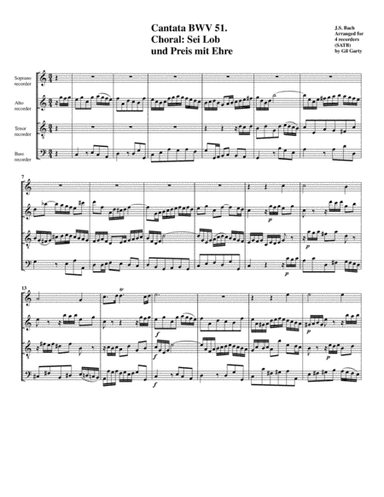 Chorale: Sei Lob und Preis mit Ehre from Cantata BWV 51 (arrangement for 4 recorders) (arr. Gil Garty)