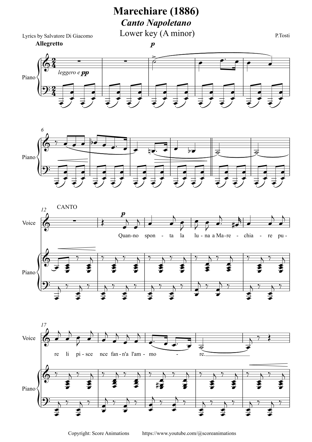 "Marechiare" Lower key (A minor) (arr. Score Animations)