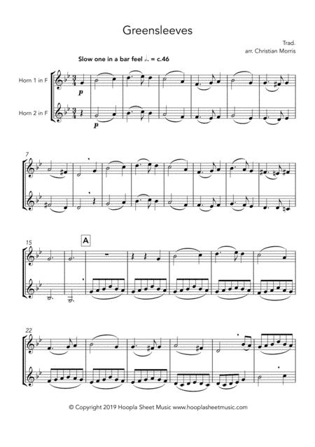 Greensleeves, fantasy for French horn duet (arr. Hoopla Sheet Music)