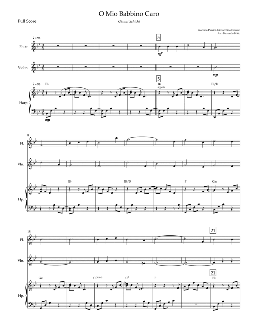 O Mio Babbino Caro (Puccini) for Flute, Violin and Harp with Chords (arr. Fernando Britto)