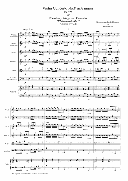 Vivaldi - Violin Concerto No.8 in A minor RV 522 Op.3 for Two Violins, Strings and Cembalo (arr. Santino Cara)