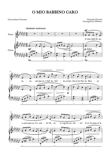 O Mio Babbino Caro | Male Voice Tenor | G-flat Major | Piano accompaniment | Pedal (arr. Milanov)