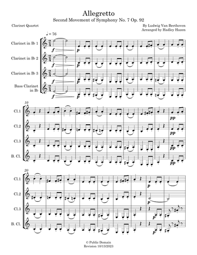 Allegretto from Symphony No. 7 Second Movement Op. 92 for Clarinet Quartet (arr. Hadley Hazen)