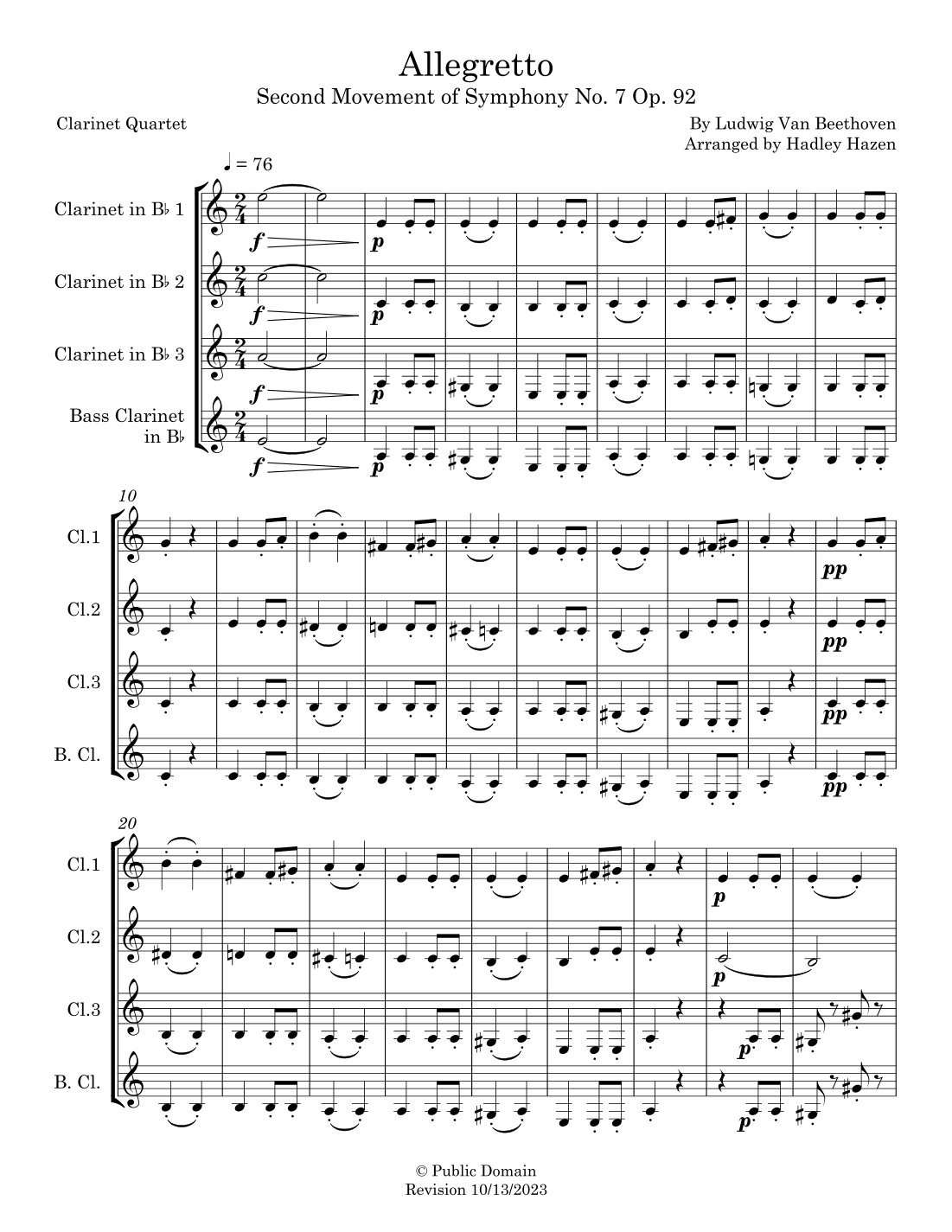 Allegretto from Symphony No. 7 Second Movement Op. 92 for Clarinet Quartet (arr. Hadley Hazen)