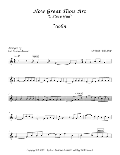 How Great Thou Art (O Store Gud) - Violin and piano- Key of C (arr. Luís Gustavo Rossato)