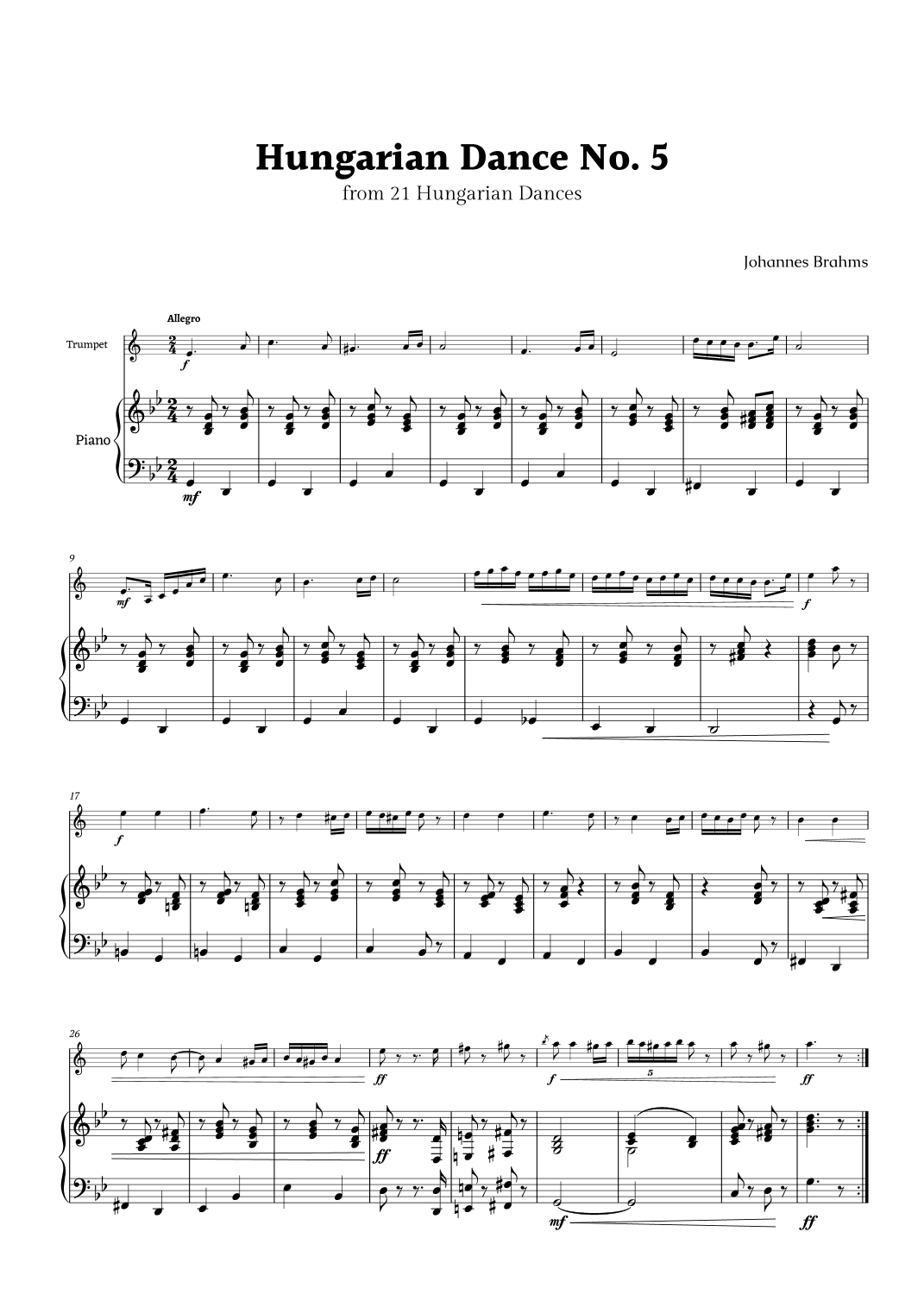Hungarian Dance No. 5 by Brahms for Trumpet and Piano (arr. Rika K.)