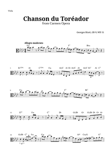 Chanson du Toreador by Bizet for Viola (arr. Langanho)