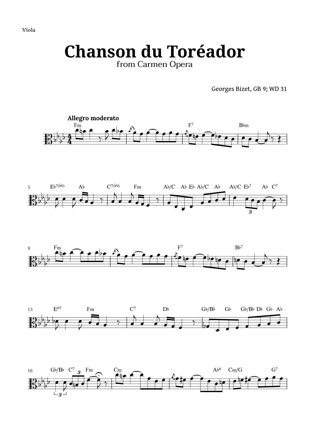 Chanson du Toreador by Bizet for Viola (arr. Langanho)