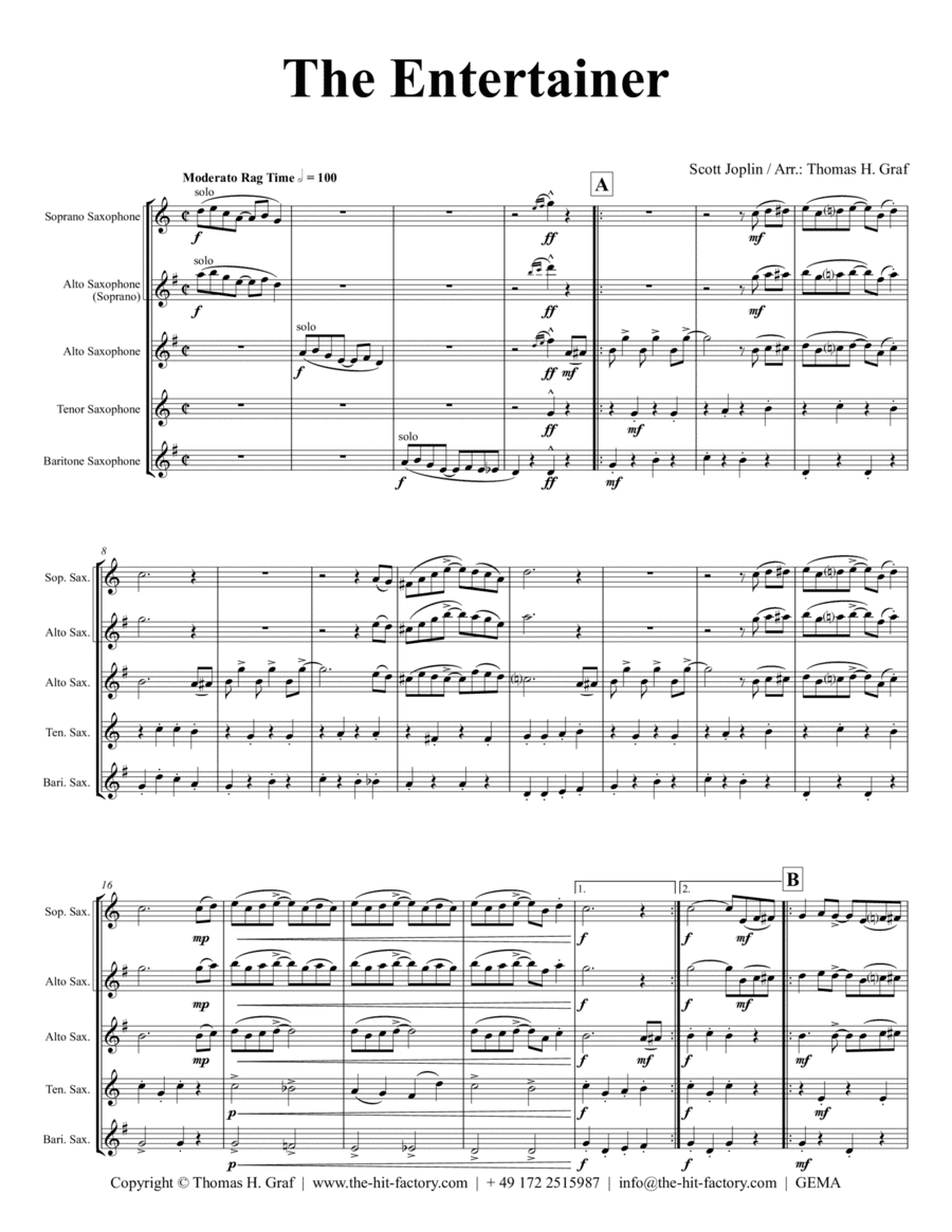 The Entertainer - Rag Time Classic - Saxophone Quartet (arr. Thomas Graf)