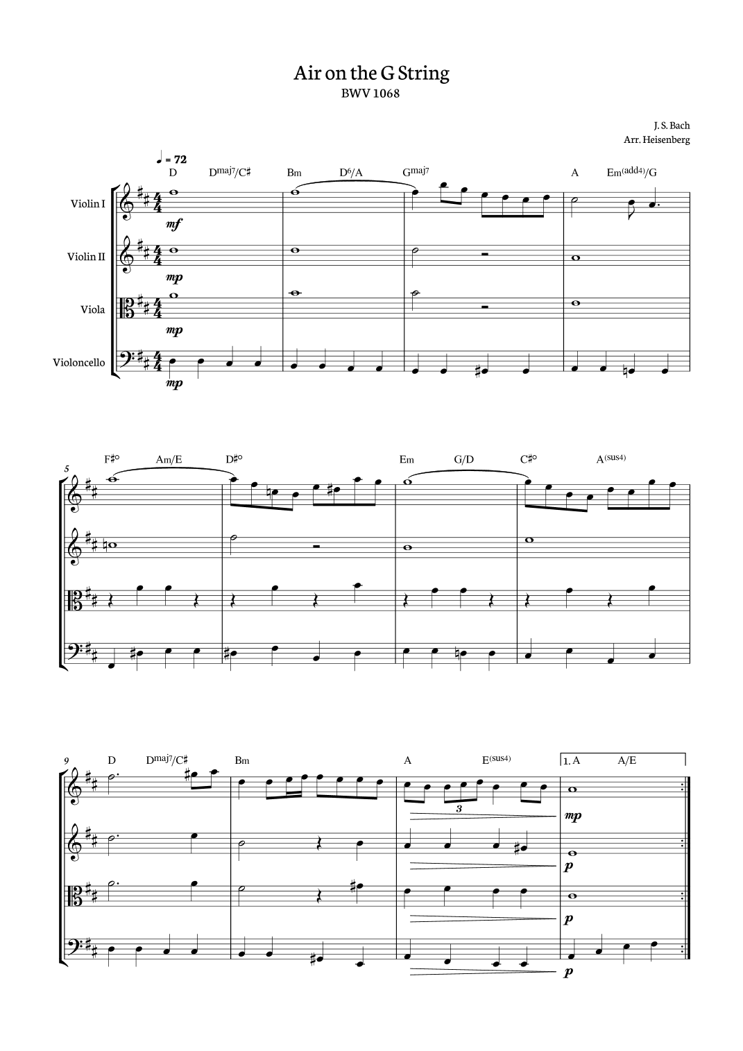 Air on the G String for String quartet with chords (arr. Heisenberg)